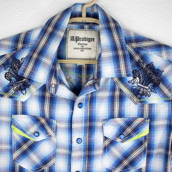 A. Prodigee Blue Multicolor Button Up Short Sleeve Shirt Mens SIZE L - Picture 2 of 8